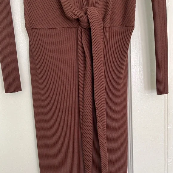 ZARA LONG KNIT MIDI BELTED WRAP DRESS CHOCOLATE BROWN - Picture 6 of 7